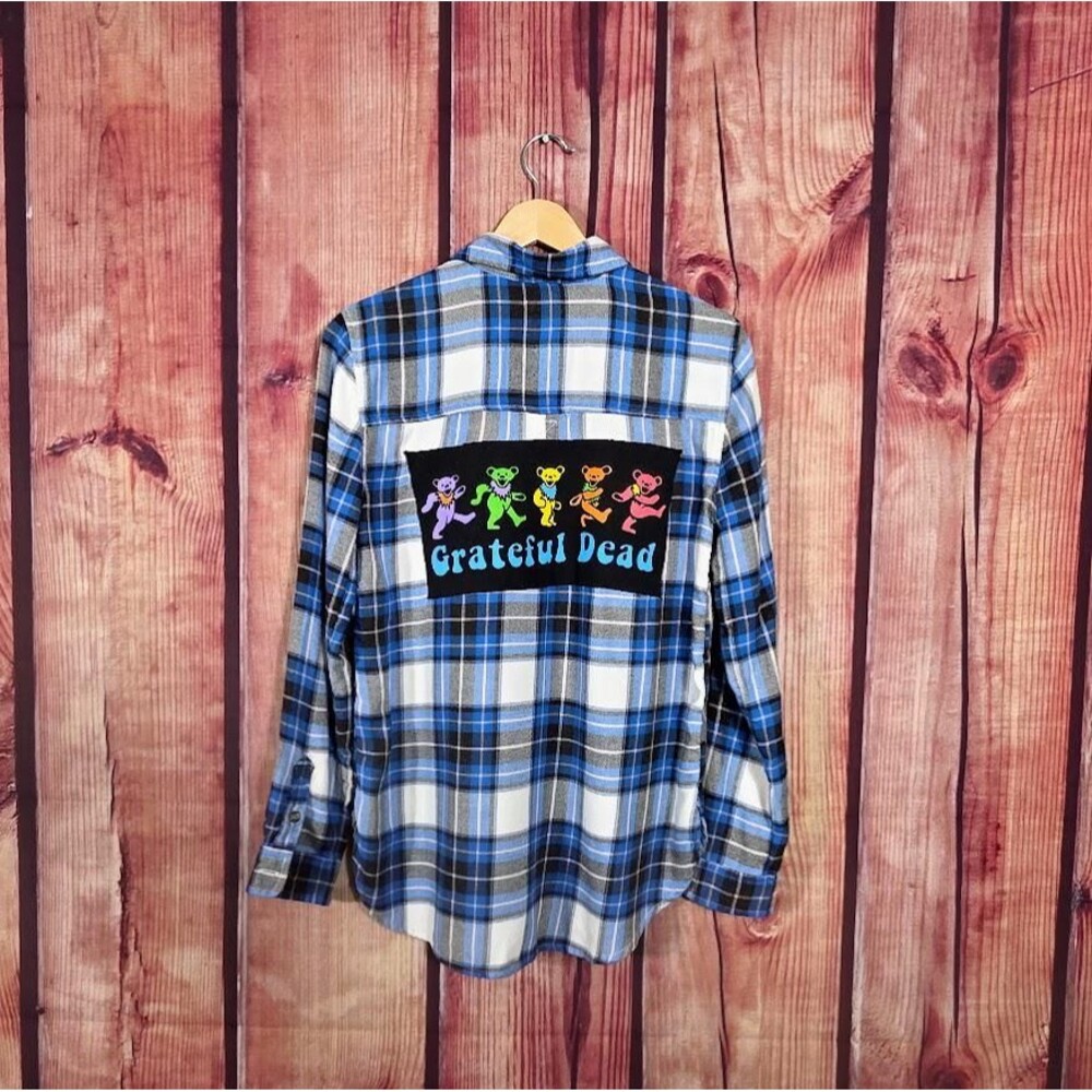 Upcycled Grateful Dead Bears Blue Plaid Flannel Shirt S